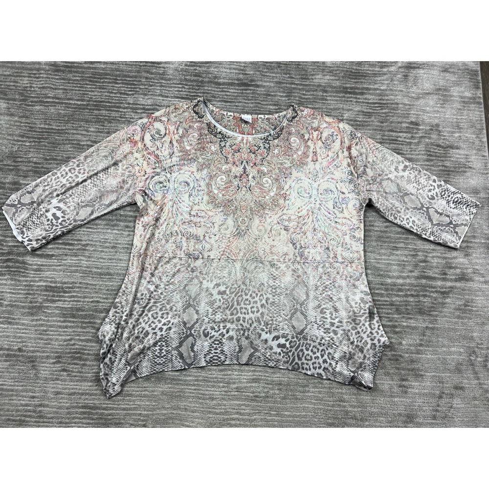 Time and Tru Top Women XXXL 22 Multi Animal Paisley Ribbed Sharkbite Hem 3/4 Slv
